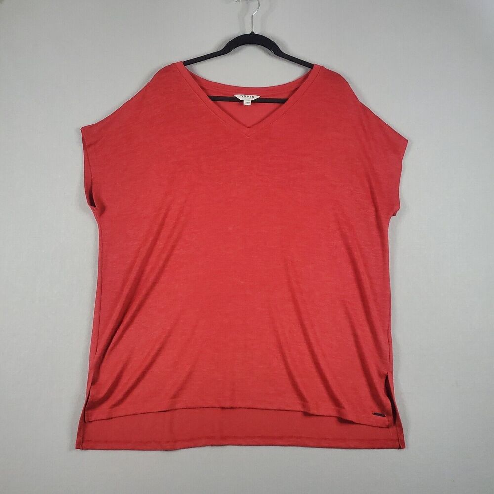 Orvis Top Womens XXL Red Short Cap Sleeve V Neck Side Slit Stretch Tunic Casual